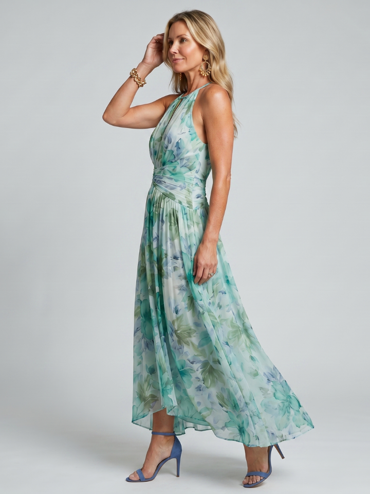 Portia | Women's Pleated Halter Floral Keyhole Midi Dress