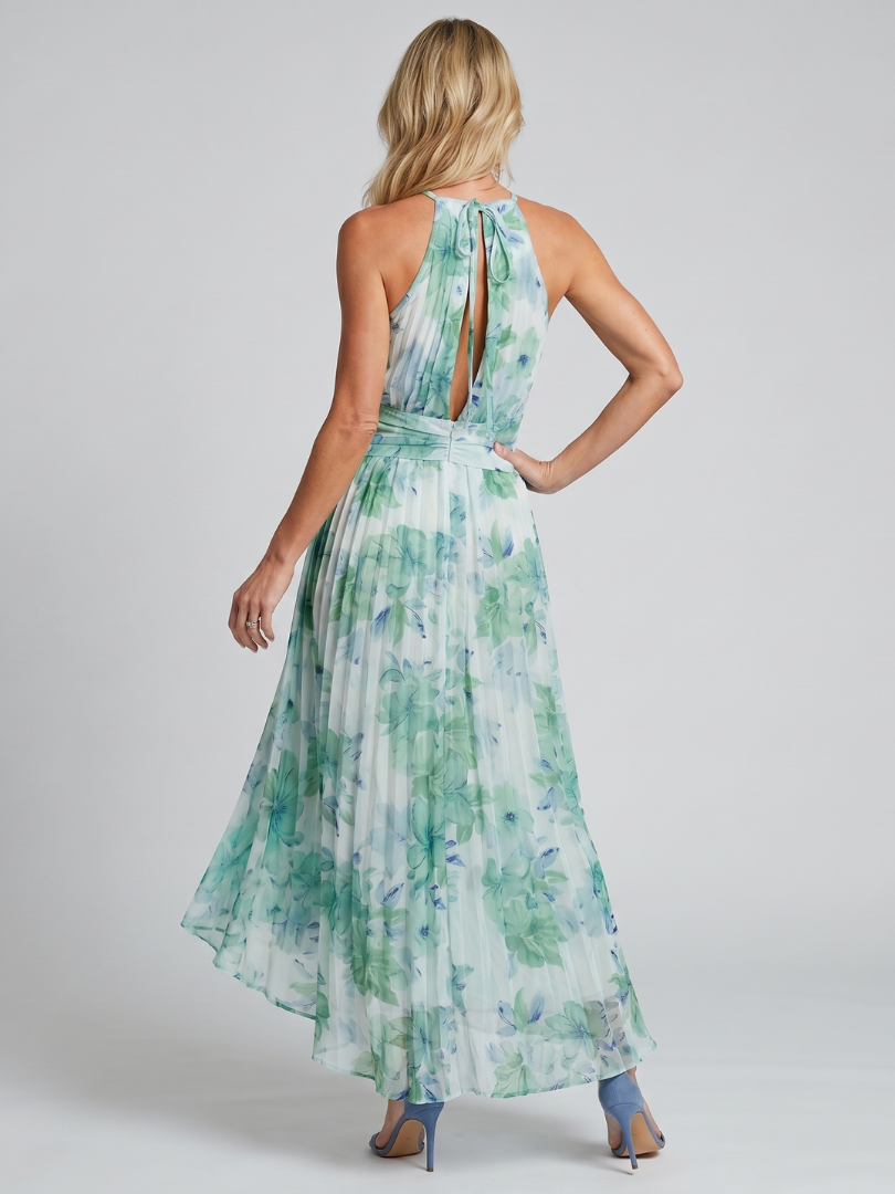 Portia | Women's Pleated Halter Floral Keyhole Midi Dress