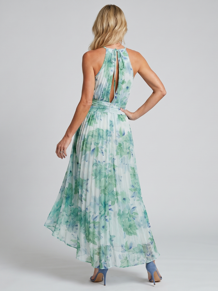 Portia | Women's Pleated Halter Floral Keyhole Midi Dress