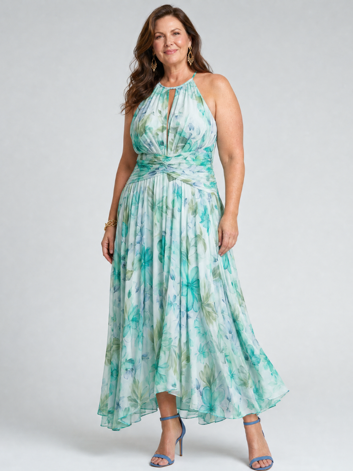 Portia | Women's Pleated Halter Floral Keyhole Midi Dress