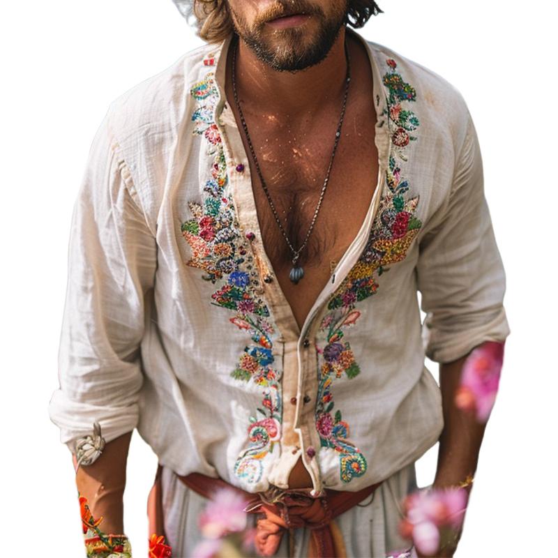 Robert | Men's Bohemian Grandad Collar Linen Shirt