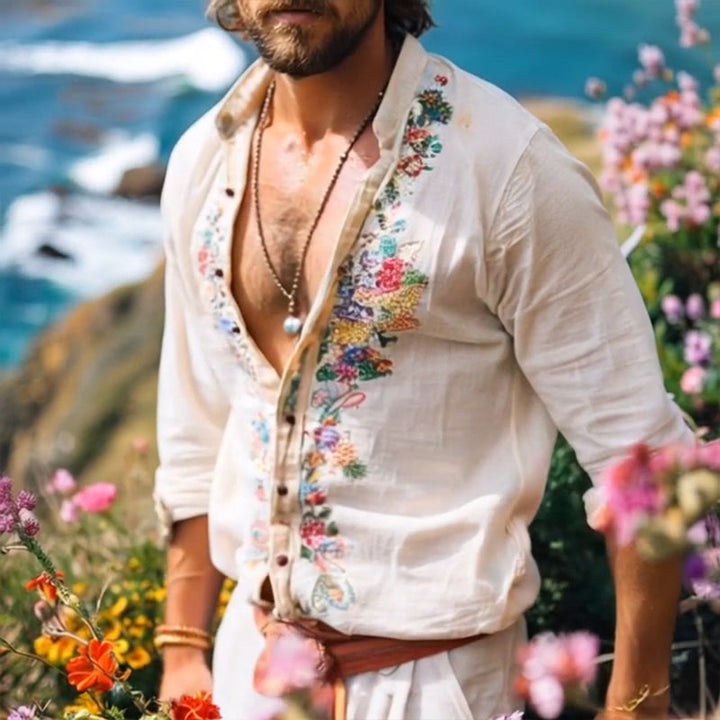 Robert | Men's Bohemian Grandad Collar Linen Shirt