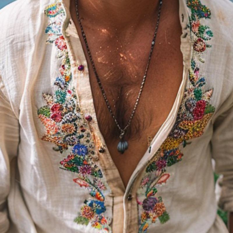 Robert | Men's Bohemian Grandad Collar Linen Shirt