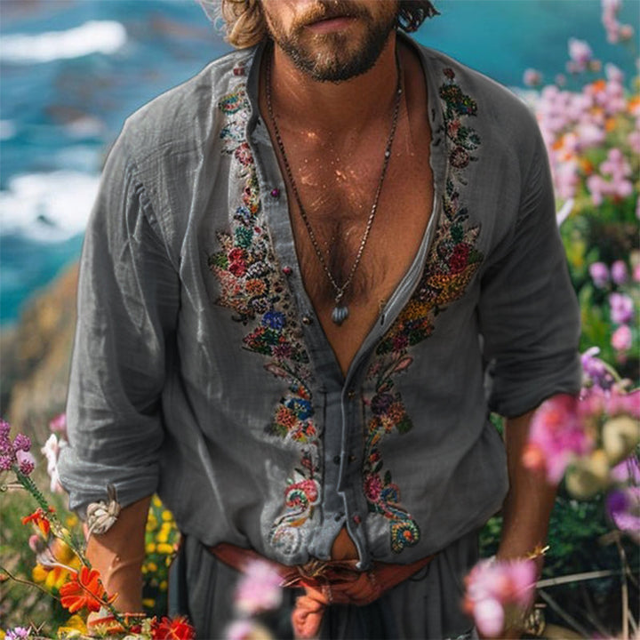 Robert | Men's Bohemian Grandad Collar Linen Shirt