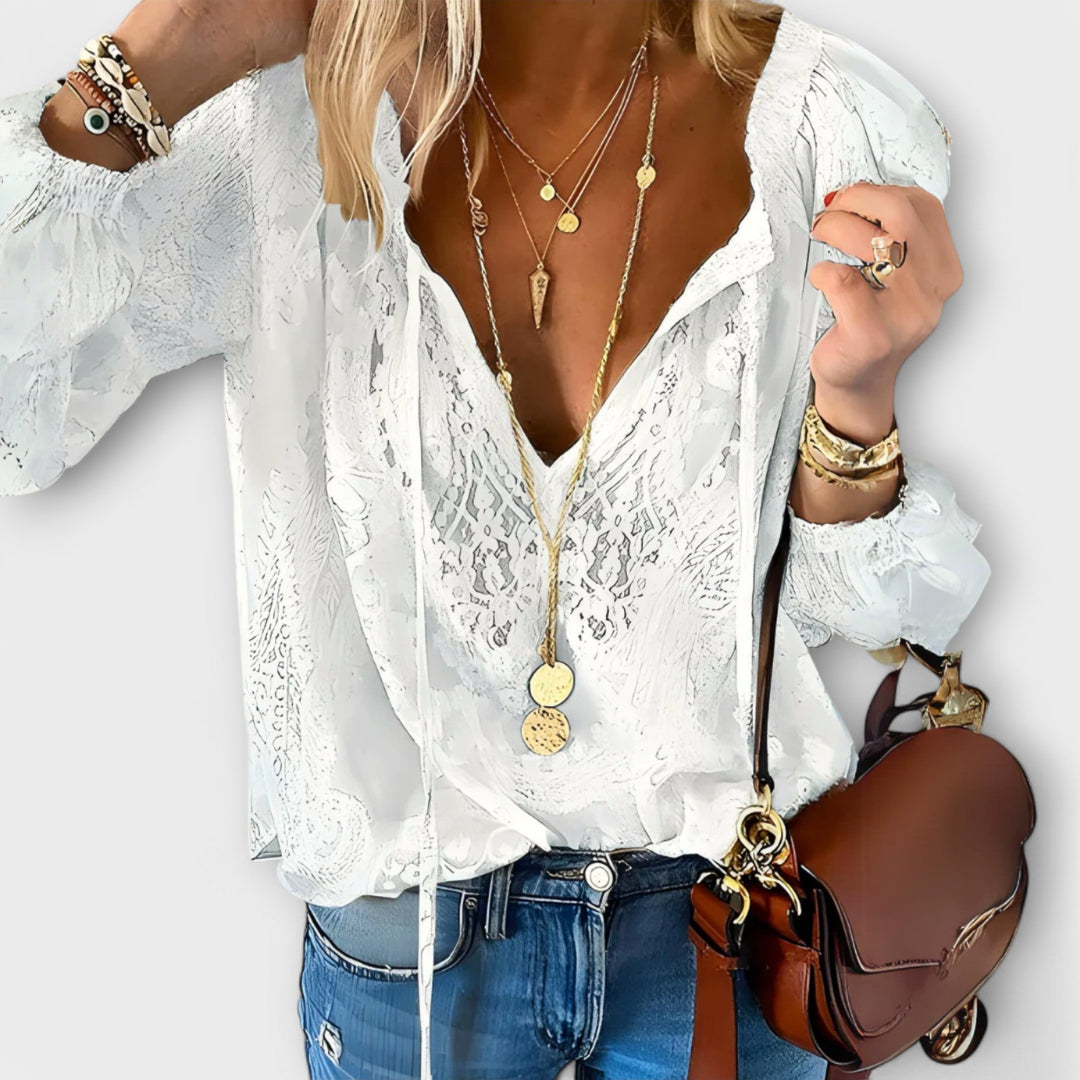 Rosalind | Women's Bohemian Lace Tie-Neck Sophisticated Blouse