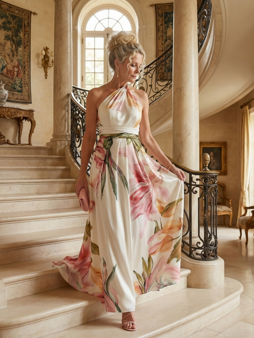 Rosalind | Women's Light Floral Halter Maxi Dress