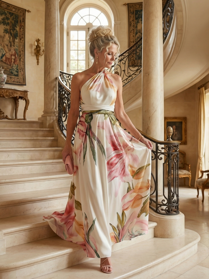 Rosalind | Women's Light Floral Halter Maxi Dress