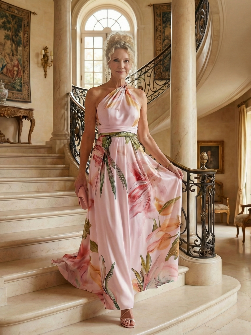 Rosalind | Women's Light Floral Halter Maxi Dress