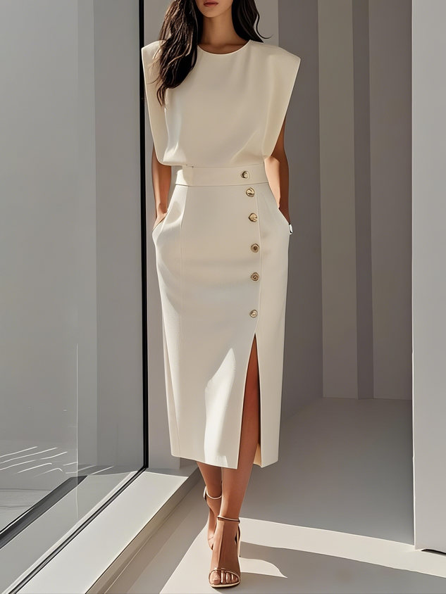 Rosalind | Women's Side-Button Sleeveless Structured Midi Dress