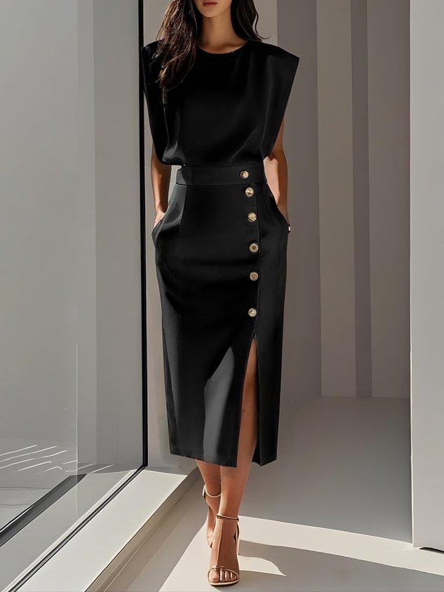 Rosalind | Women's Side-Button Sleeveless Structured Midi Dress