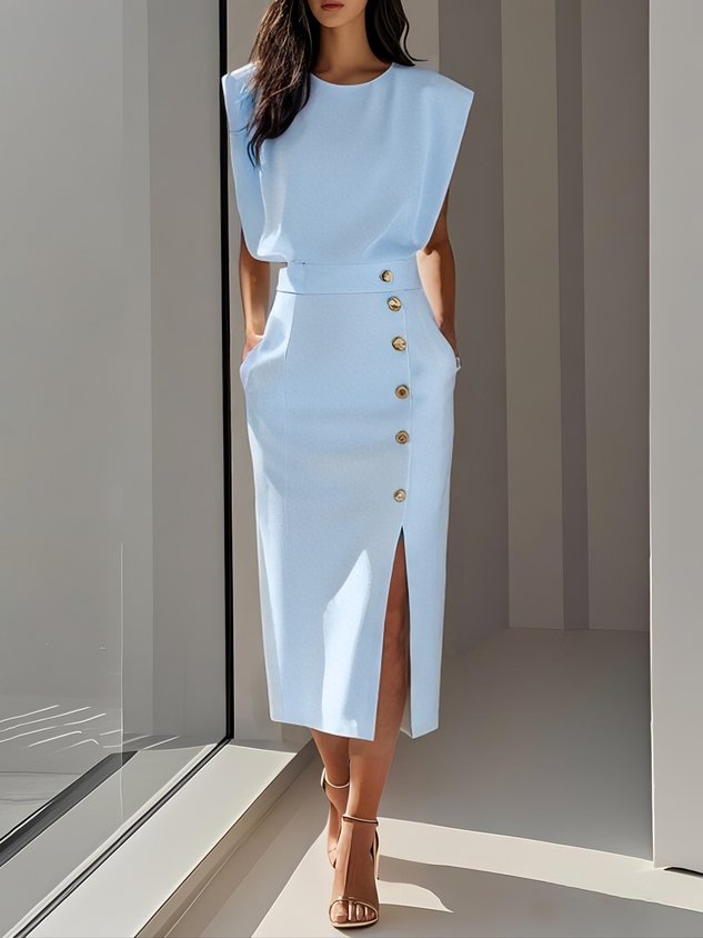 Rosalind | Women's Side-Button Sleeveless Structured Midi Dress