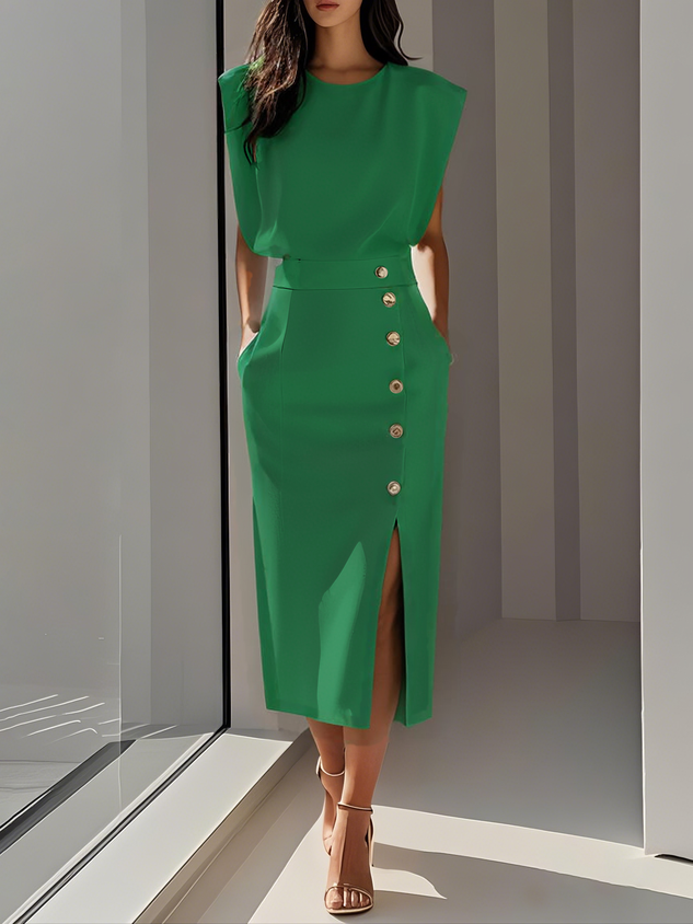 Rosalind | Women's Side-Button Sleeveless Structured Midi Dress