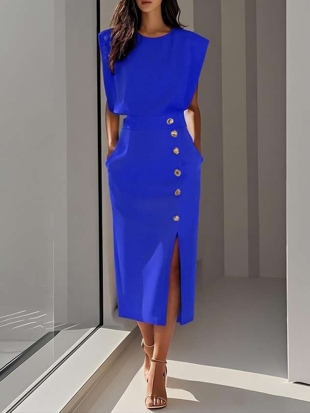 Rosalind | Women's Side-Button Sleeveless Structured Midi Dress