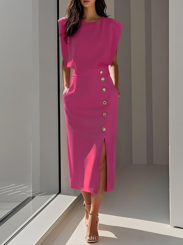 Rosalind | Women's Side-Button Sleeveless Structured Midi Dress