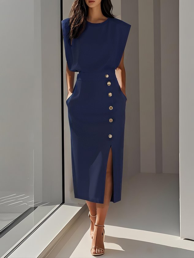 Rosalind | Women's Side-Button Sleeveless Structured Midi Dress