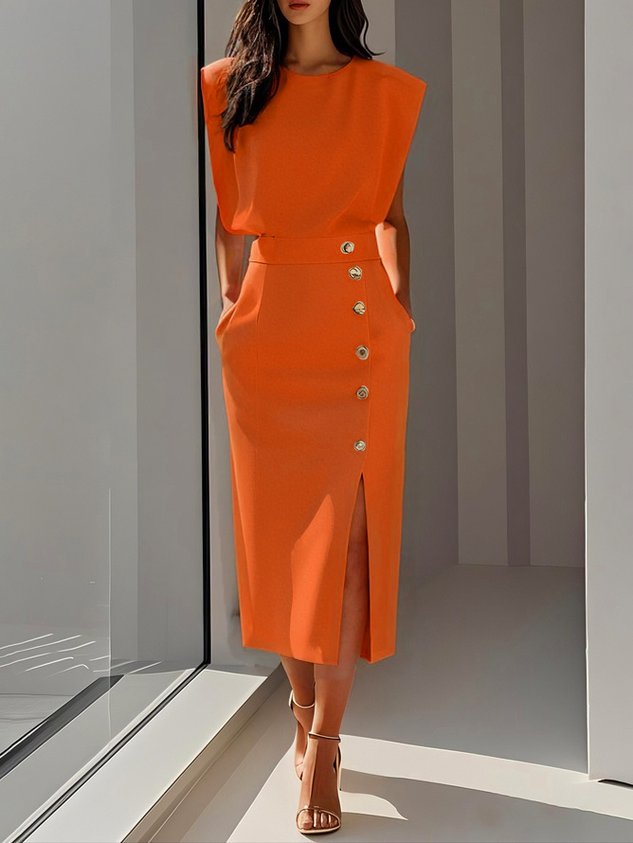 Rosalind | Women's Side-Button Sleeveless Structured Midi Dress