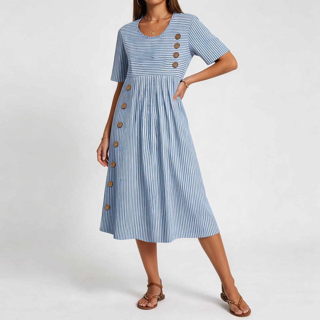 Rosalind | Women's Vertical Stripe Short Sleeve Midi Dress