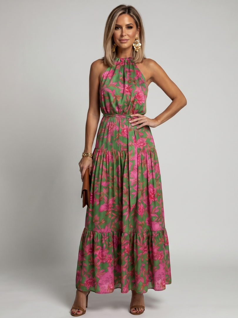 Rowen | Women's Draped Halter Tiered Midi Dress