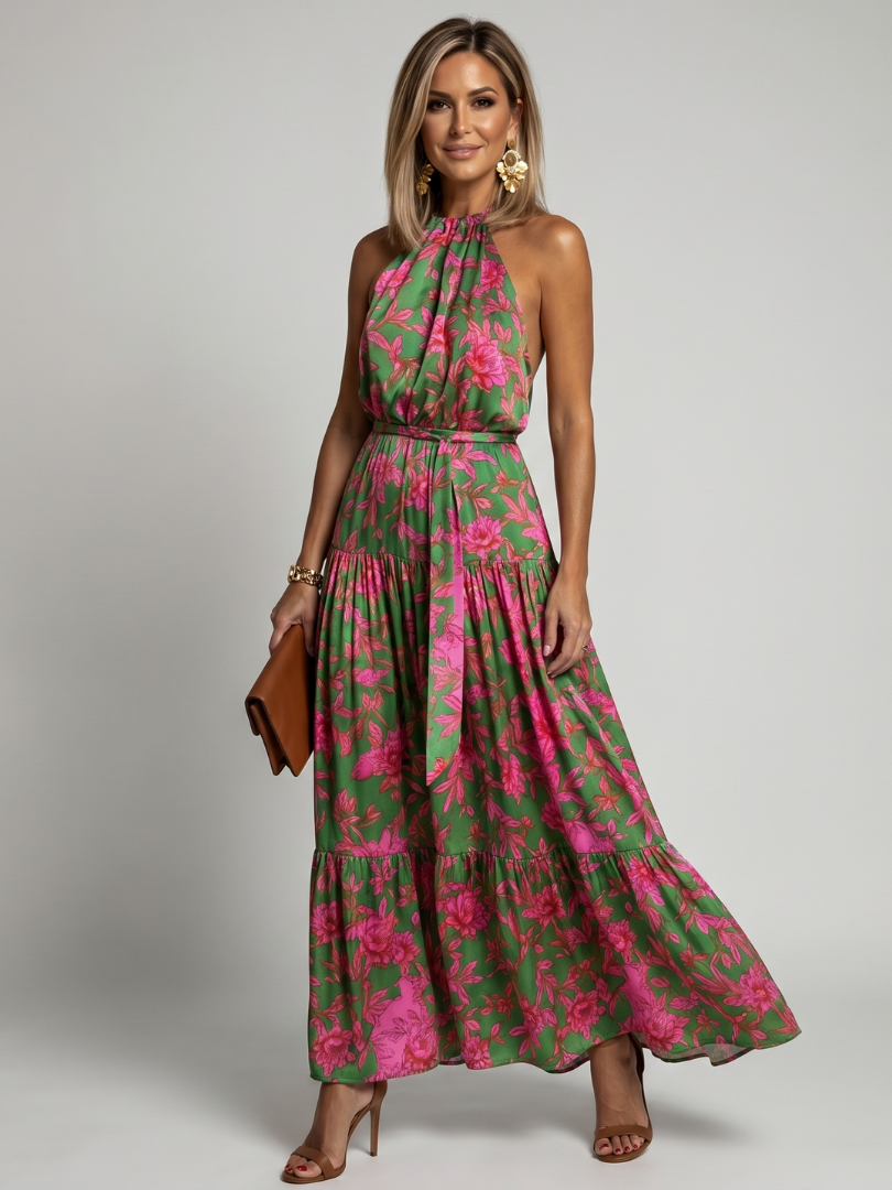 Rowen | Women's Draped Halter Tiered Midi Dress