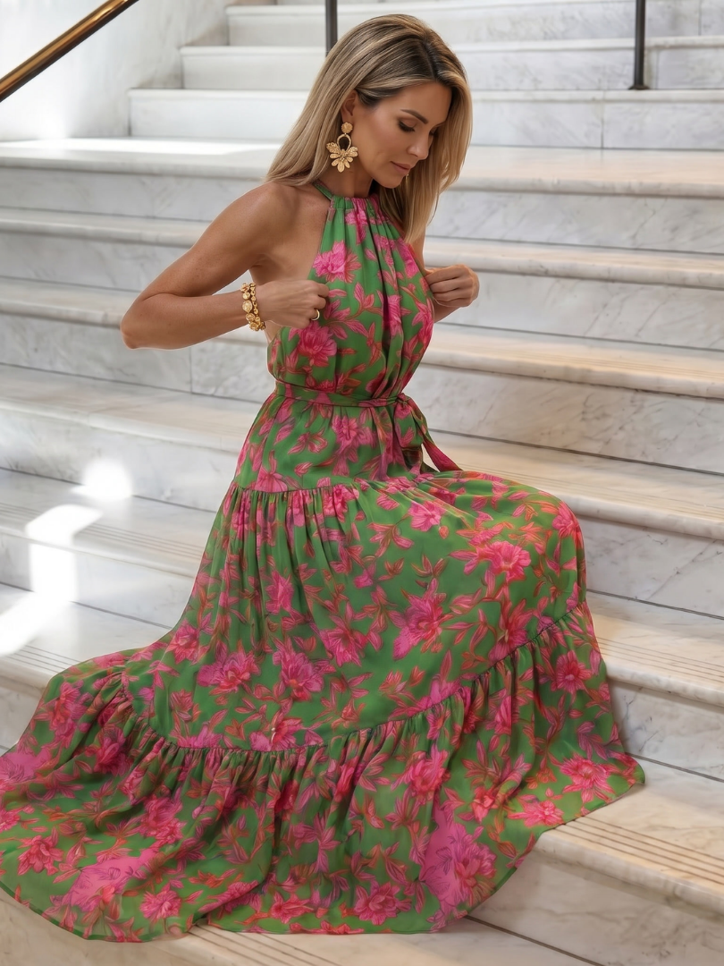 Rowen | Women's Draped Halter Tiered Midi Dress