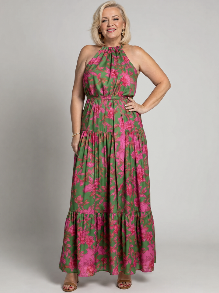 Rowen | Women's Draped Halter Tiered Midi Dress