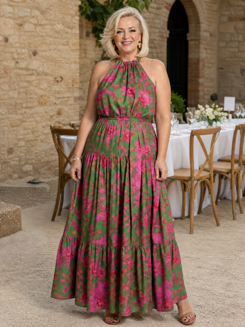 Rowen | Women's Draped Halter Tiered Midi Dress
