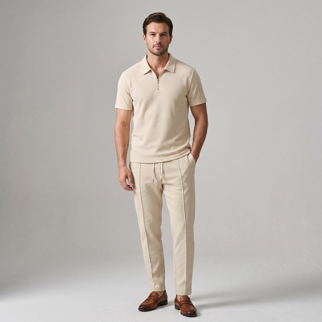 Russell | Men's Waffle-Knit Zip-Collar Polo and Trousers Set