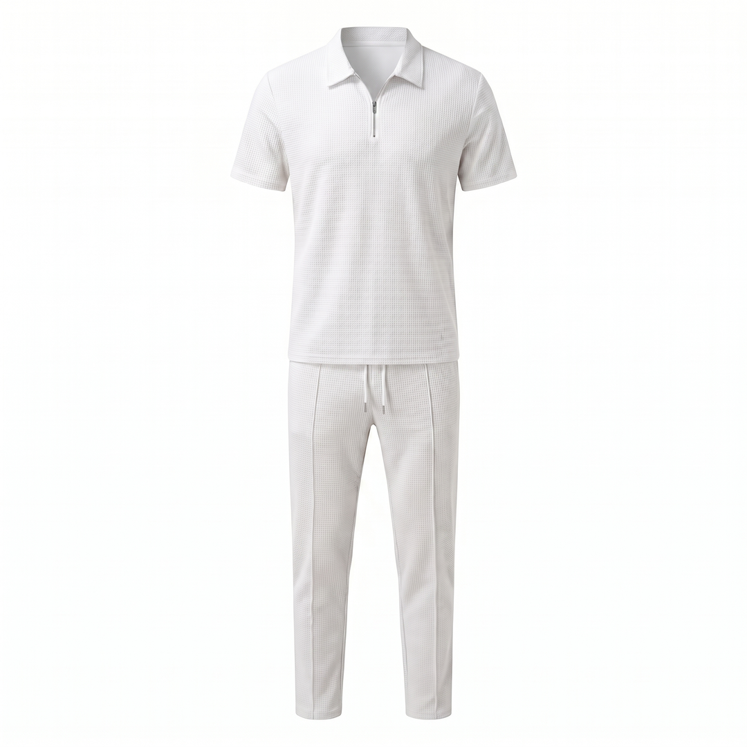 Russell | Men's Waffle-Knit Zip-Collar Polo and Trousers Set