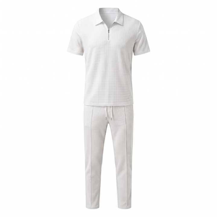 Russell | Men's Waffle-Knit Zip-Collar Polo and Trousers Set