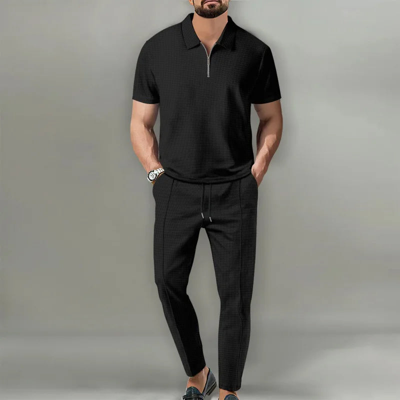 Russell | Men's Waffle-Knit Zip-Collar Polo and Trousers Set