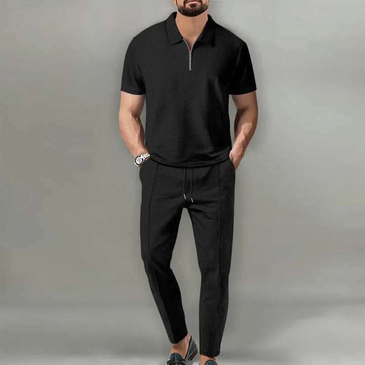 Russell | Men's Waffle-Knit Zip-Collar Polo and Trousers Set