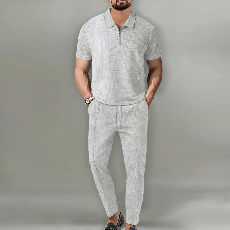 Russell | Men's Waffle-Knit Zip-Collar Polo and Trousers Set