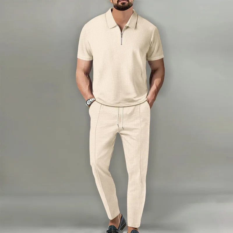 Russell | Men's Waffle-Knit Zip-Collar Polo and Trousers Set