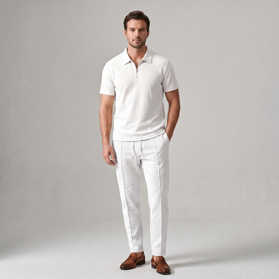 Russell | Men's Waffle-Knit Zip-Collar Polo and Trousers Set