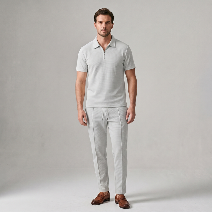 Russell | Men's Waffle-Knit Zip-Collar Polo and Trousers Set
