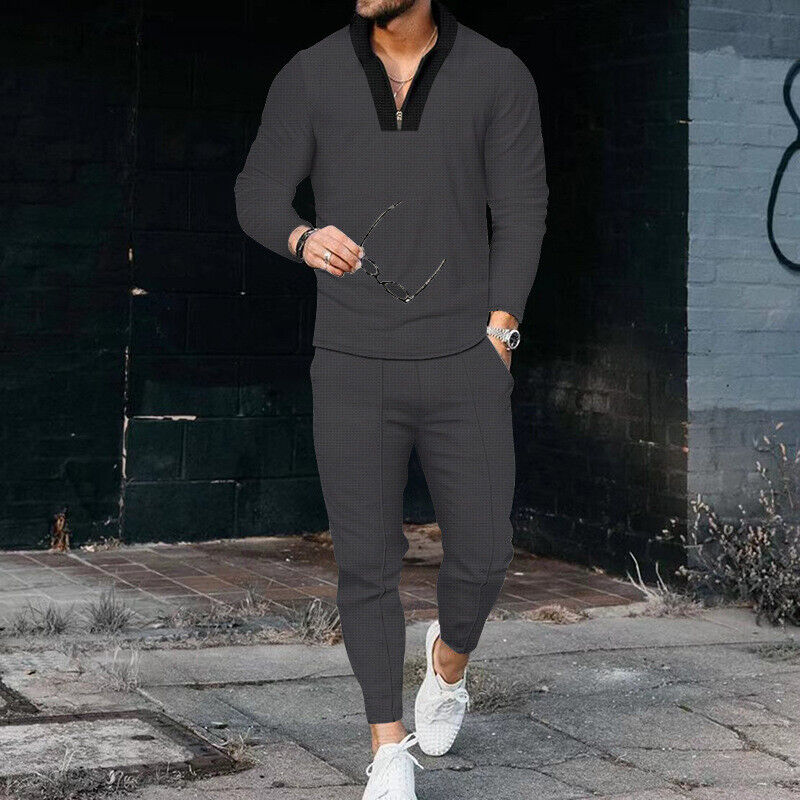 Men's Long Sleeve Quarter-Zip Top and Tapered Pants Set with Textured Surface