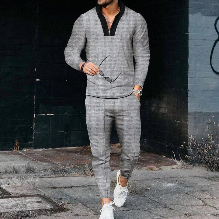 Men's Long Sleeve Quarter-Zip Top and Tapered Pants Set with Textured Surface