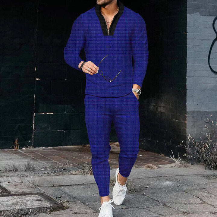 Men's Long Sleeve Quarter-Zip Top and Tapered Pants Set with Textured Surface