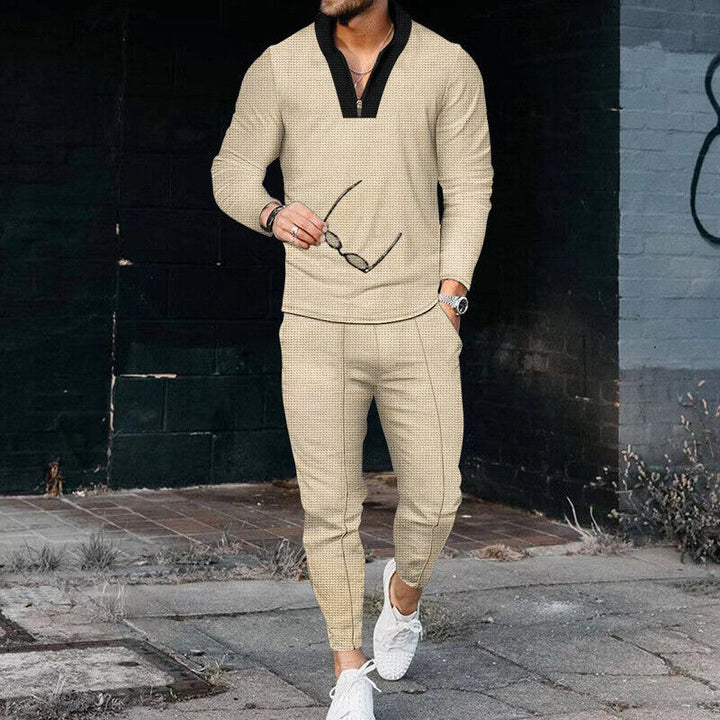 Men's Long Sleeve Quarter-Zip Top and Tapered Pants Set with Textured Surface