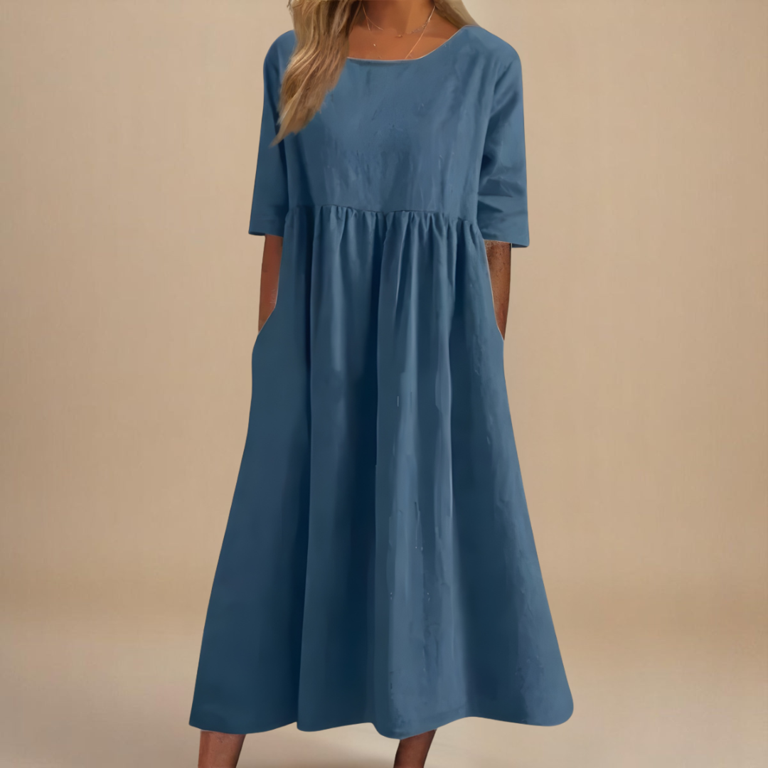 Sage | Women's Gathered Waist Half-Sleeve Linen Midi Dress