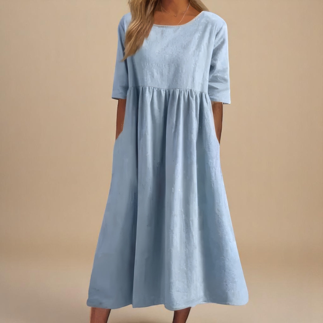 Sage | Women's Gathered Waist Half-Sleeve Linen Midi Dress
