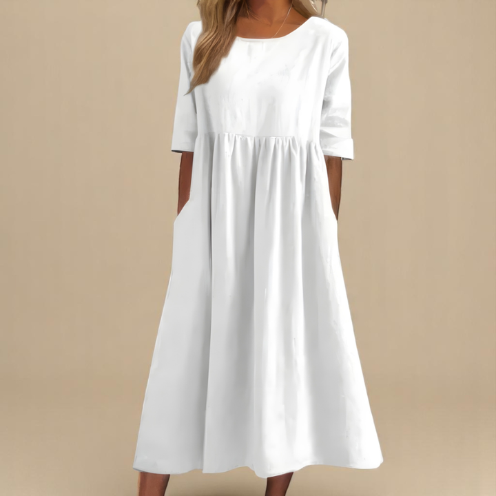 Sage | Women's Gathered Waist Half-Sleeve Linen Midi Dress