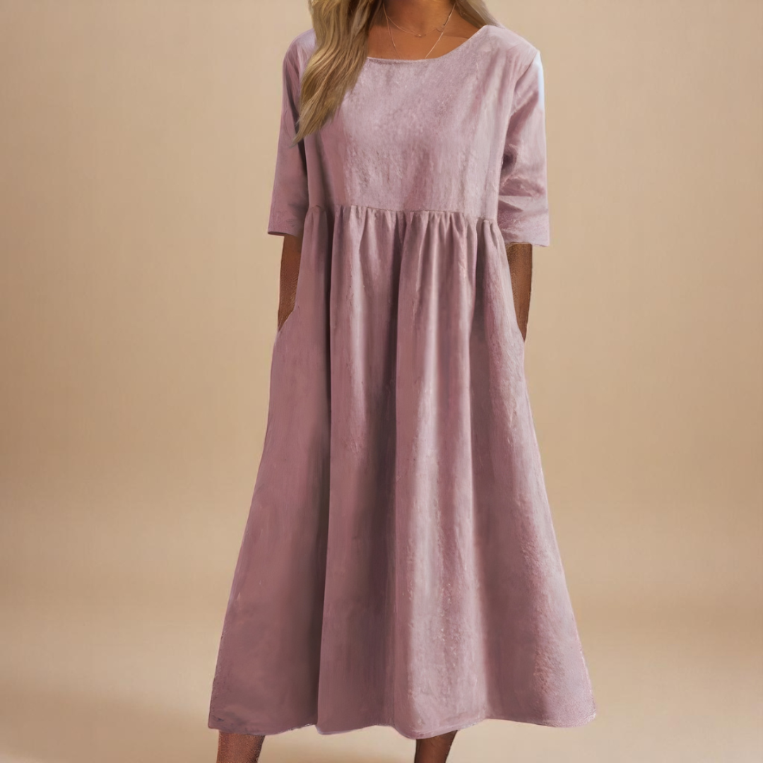 Sage | Women's Gathered Waist Half-Sleeve Linen Midi Dress