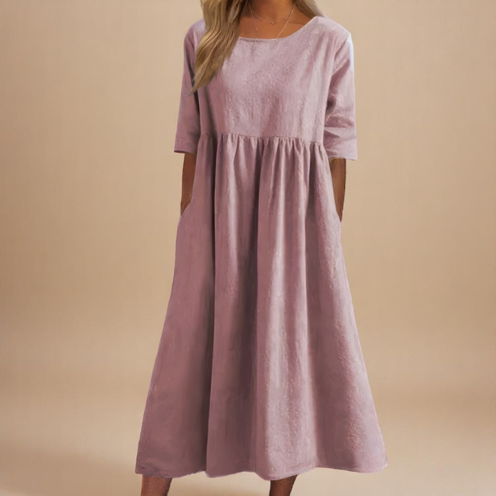 Sage | Women's Gathered Waist Half-Sleeve Linen Midi Dress