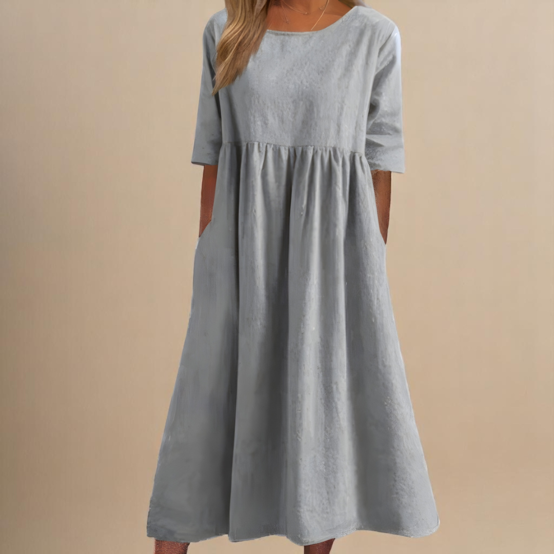 Sage | Women's Gathered Waist Half-Sleeve Linen Midi Dress
