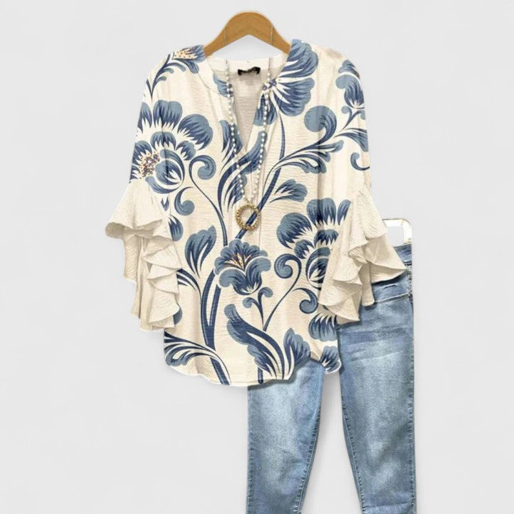 Saryphiah | Women's Floral Print Ruffled Sleeve Comfortable Blouse