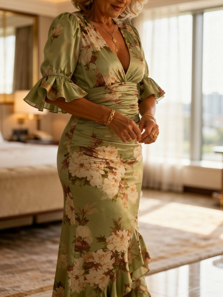 Seraphina | Women's Floral Deep V-Neck Ruffle Hem Maxi Dress
