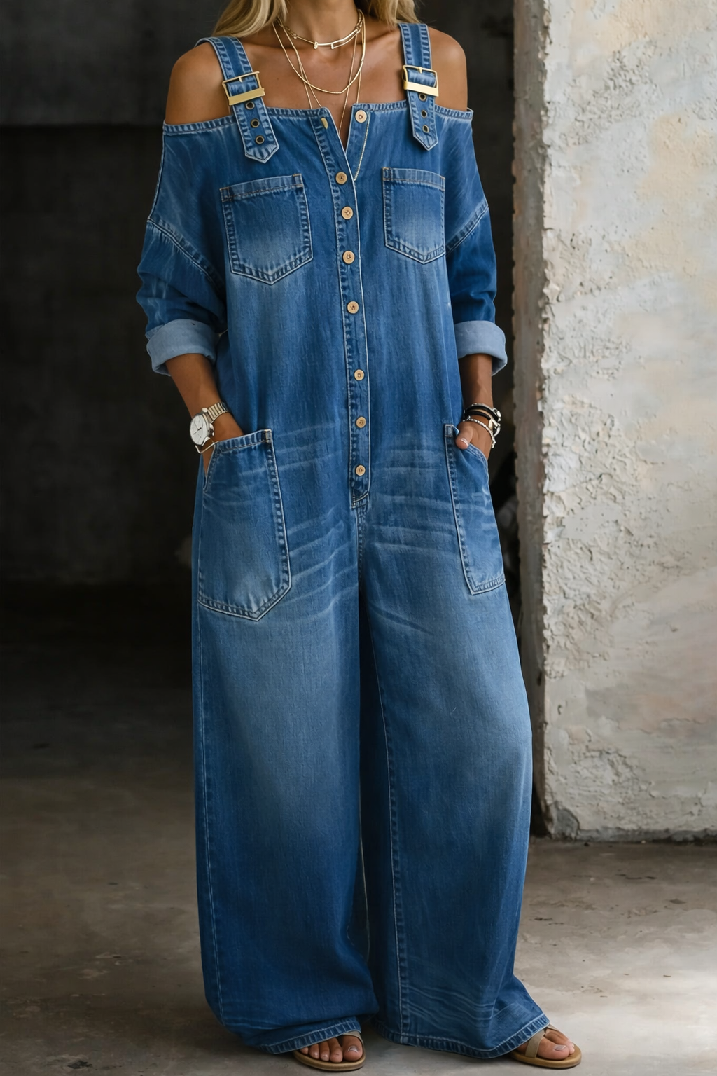 Sophia | Women's Bold Off-Shoulder Layered Denim Jumpsuit