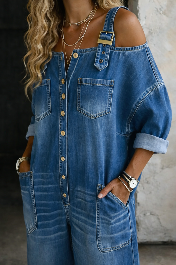 Sophia | Women's Bold Off-Shoulder Layered Denim Jumpsuit