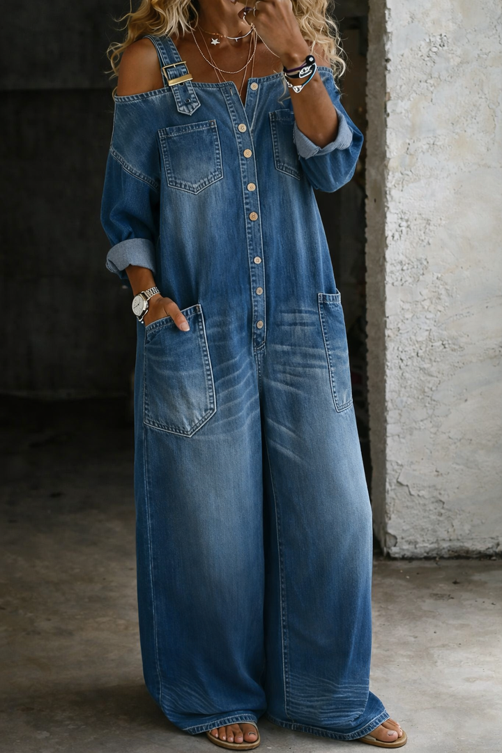 Sophia | Women's Bold Off-Shoulder Layered Denim Jumpsuit